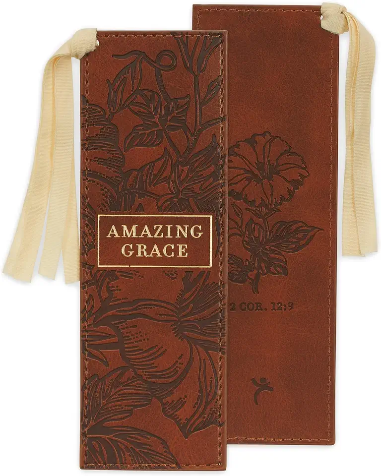 Christian Art Gifts Premium Vegan Leather Religious Bookmark for Women: Amazing Grace - 2 Cor. 1:9 Inspirational Bible Verse, Brown