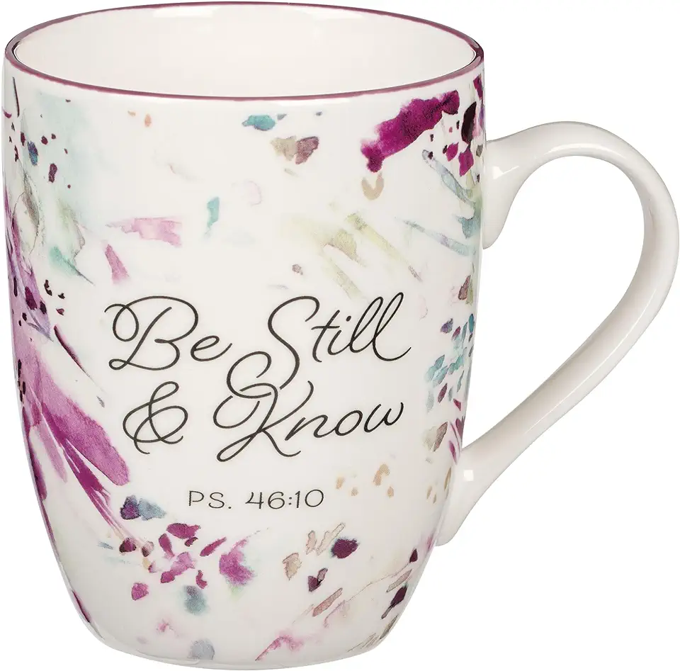 Christian Art Gifts Ceramic Coffee and Tea Mug for Women: Be Still and Know - Psalm 46:10 Inspirational Bible Verse, Abstract Design, Purple, 12 Oz.