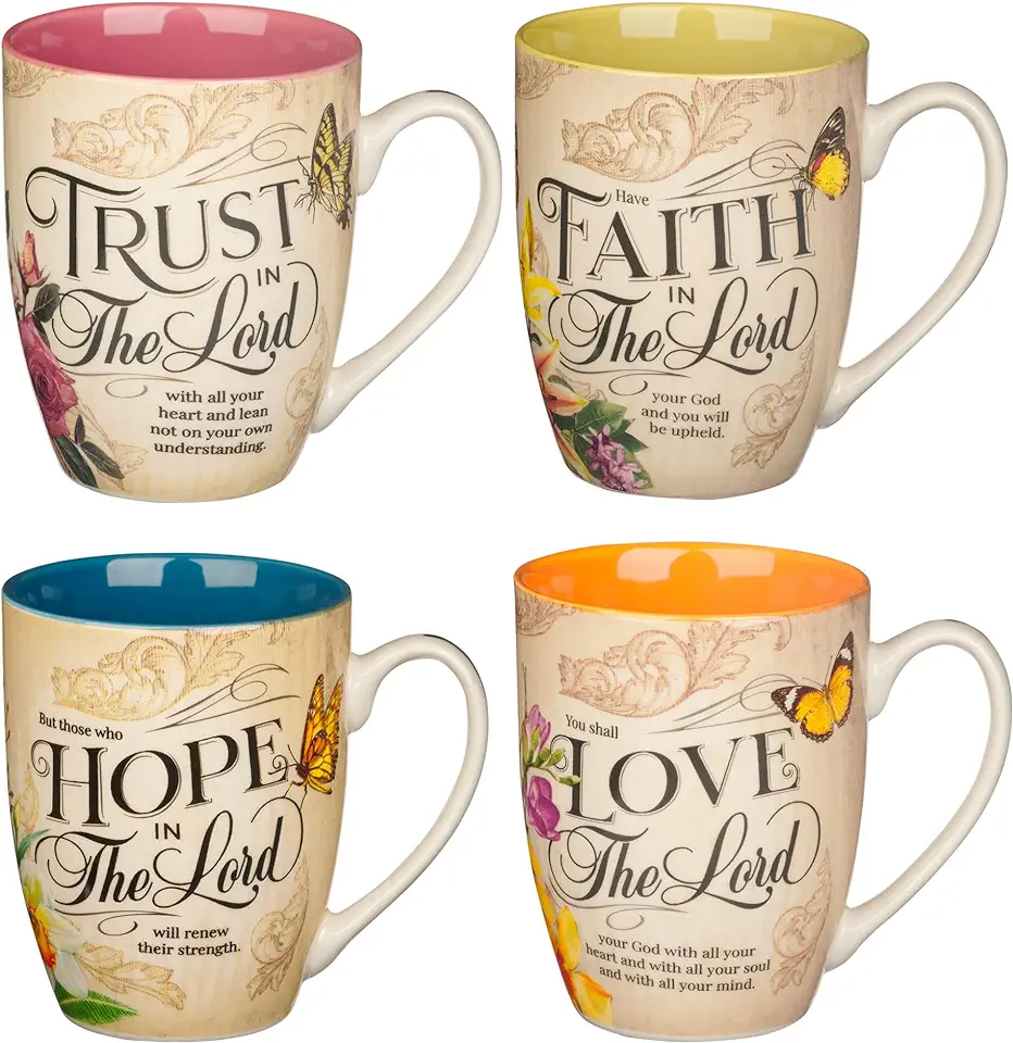 Christian Art Gifts Floral Ceramic Coffee and Tea Mug Set: Hope, Trust, Faith, Love Novelty Mug Set with Scripture - Set of Four 12 Oz. Cups, Blue/Red