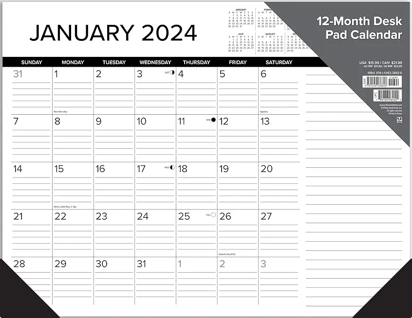Black & White 2024 22 X 17 Large Monthly Deskpad