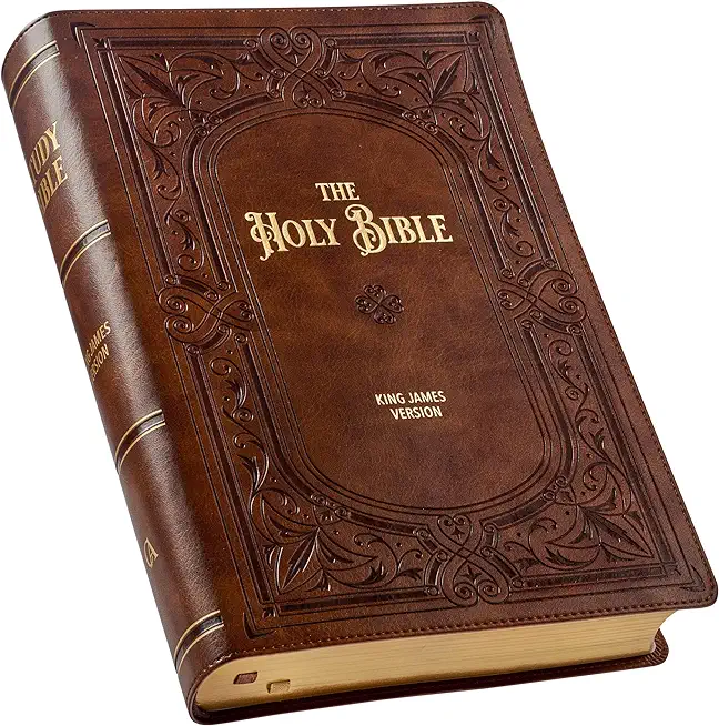 KJV Study Bible, Large Print King James Version Holy Bible, Thumb Tabs, Ribbons, Faux Leather Saddle Tan Framed Art Nouveau Debossed