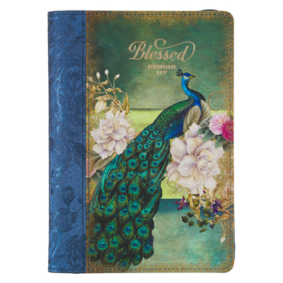 Christian Art Gifts Scripture Journal Blue/Peacock Printed Blessed Jeremiah 17:7 Bible Verse Inspirational Faux Leather Notebook, Zipper Closure, 336