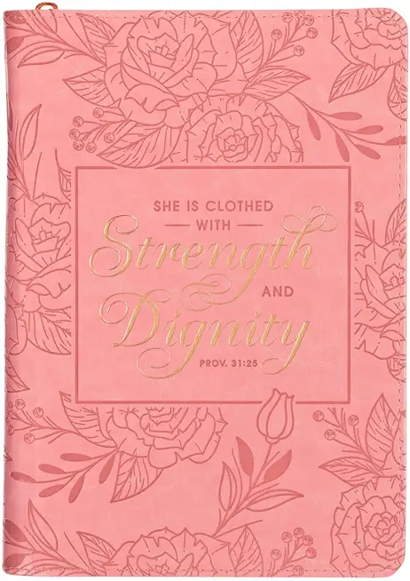 Christian Art Gifts Scripture Journal Pink Strength & Dignity Proverbs 31:25 Bible Verse Inspirational Faux Leather Notebook, Zipper Closure, 336 Rule
