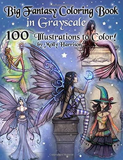 Big Fantasy Coloring Book in Grayscale - 100 Illustrations to Color by Molly Harrison: Grayscale Adult Coloring Book featuring Fairies, Mermaids, Witc